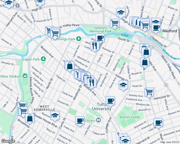 map of restaurants, bars, coffee shops, grocery stores, and more near 2 Charnwood Road in Medford