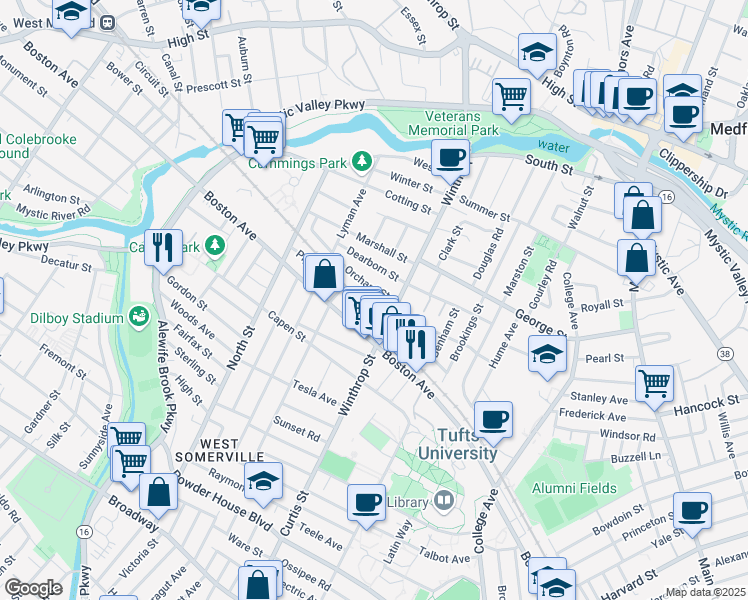map of restaurants, bars, coffee shops, grocery stores, and more near 308 Boston Avenue in Medford