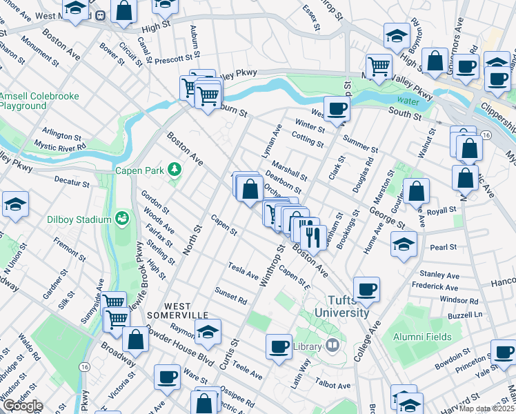 map of restaurants, bars, coffee shops, grocery stores, and more near 24 Hillsdale Road in Medford