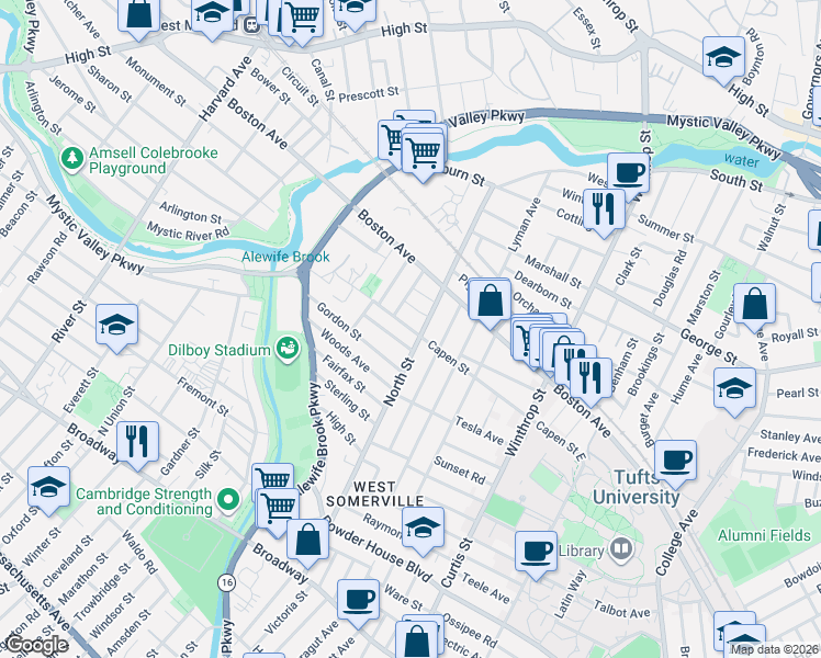 map of restaurants, bars, coffee shops, grocery stores, and more near 113 North Street in Medford