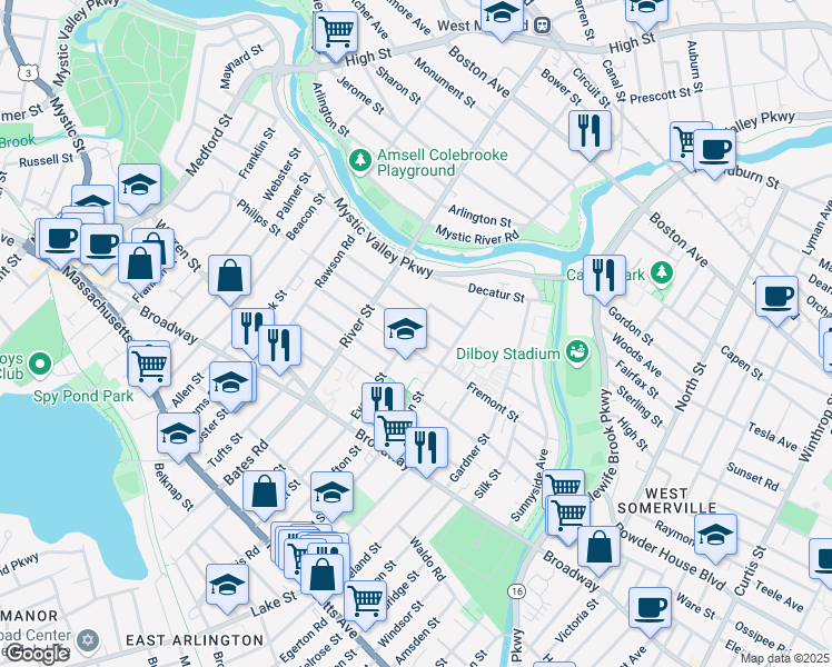 map of restaurants, bars, coffee shops, grocery stores, and more near 68 Patrick Street in Arlington