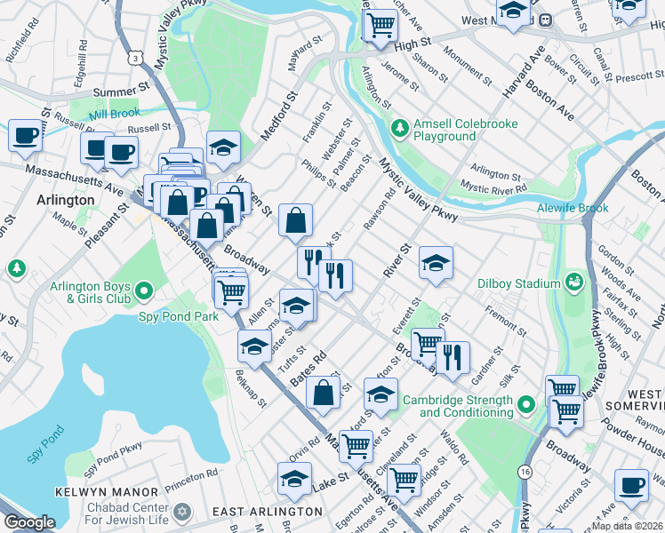 map of restaurants, bars, coffee shops, grocery stores, and more near 47 Warren Street in Arlington
