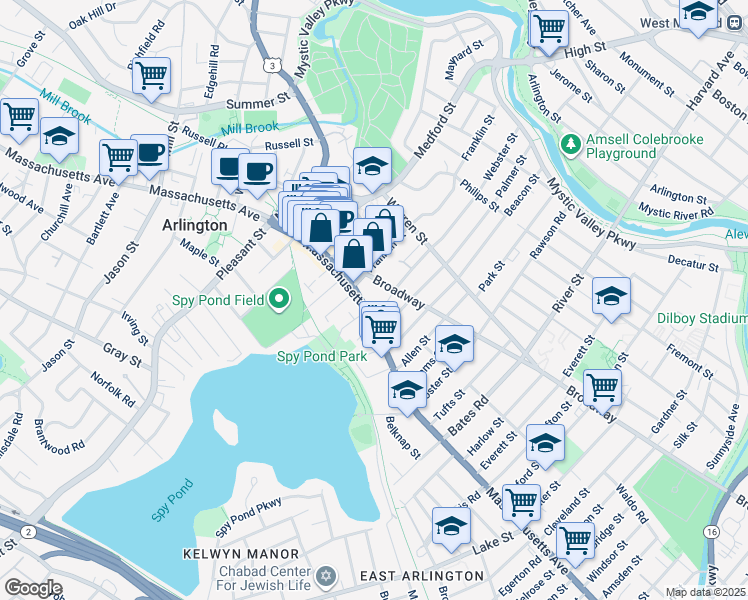 map of restaurants, bars, coffee shops, grocery stores, and more near 382 Massachusetts Avenue in Arlington