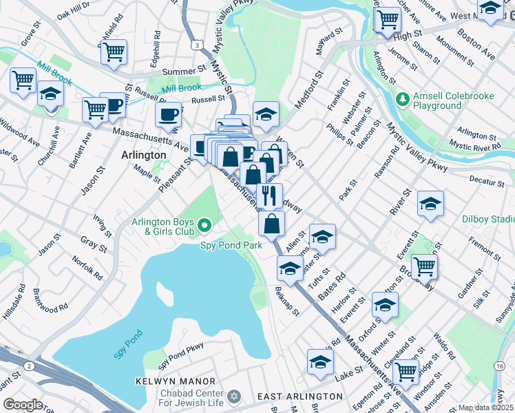 map of restaurants, bars, coffee shops, grocery stores, and more near 382 Massachusetts Avenue in Arlington
