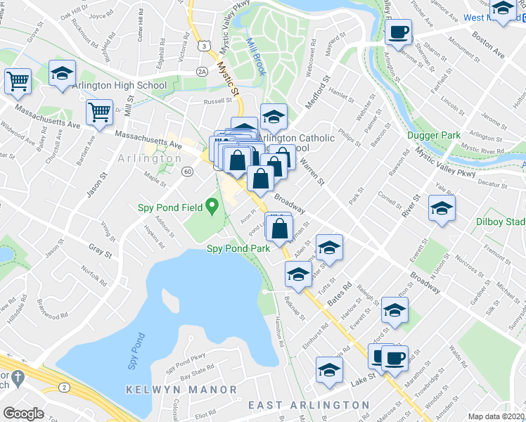 map of restaurants, bars, coffee shops, grocery stores, and more near 382 Massachusetts Avenue in Arlington