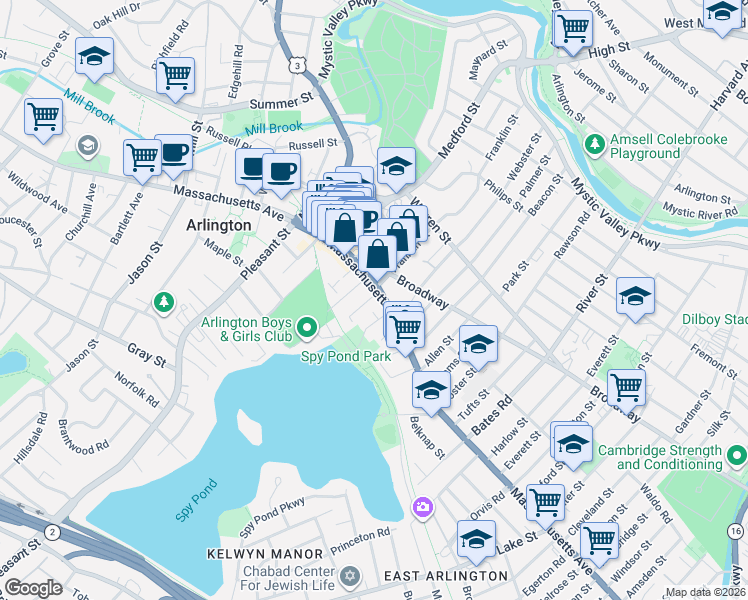 map of restaurants, bars, coffee shops, grocery stores, and more near 382 Massachusetts Avenue in Arlington