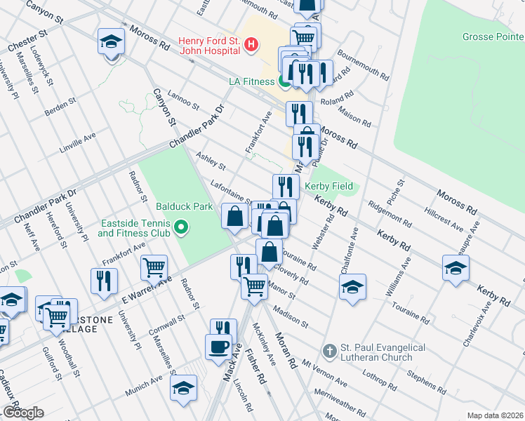 map of restaurants, bars, coffee shops, grocery stores, and more near 4984 Anatole Street in Grosse Pointe