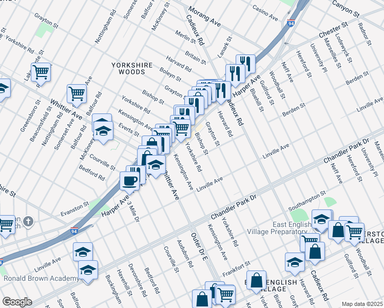 map of restaurants, bars, coffee shops, grocery stores, and more near 6015 Yorkshire Road in Detroit