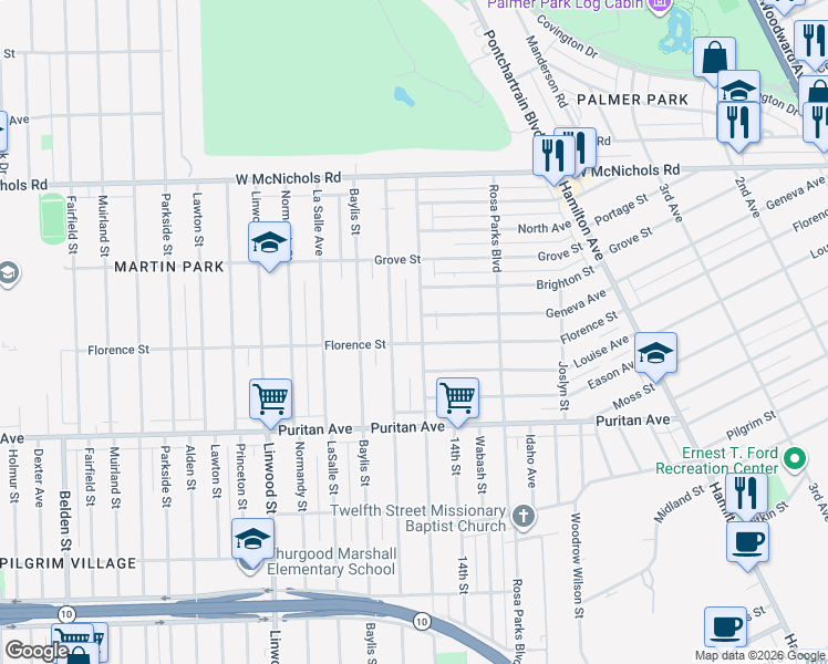 map of restaurants, bars, coffee shops, grocery stores, and more near 16256 Inverness Street in Detroit