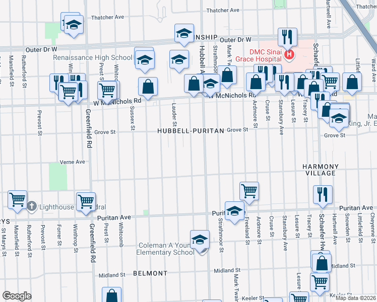 map of restaurants, bars, coffee shops, grocery stores, and more near 16576 Lauder Street in Detroit