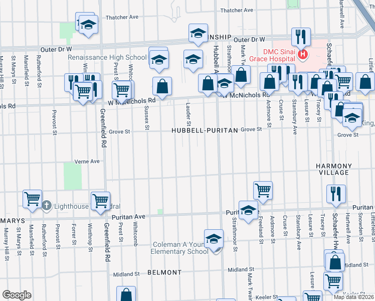 map of restaurants, bars, coffee shops, grocery stores, and more near 16576 Lauder Street in Detroit