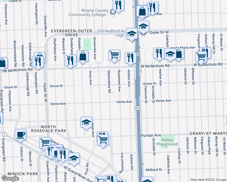 map of restaurants, bars, coffee shops, grocery stores, and more near 16723 Rosemont Avenue in Detroit