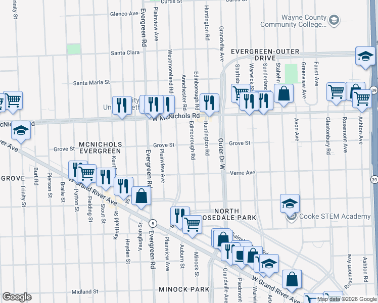 map of restaurants, bars, coffee shops, grocery stores, and more near 16746 Westmoreland Road in Detroit