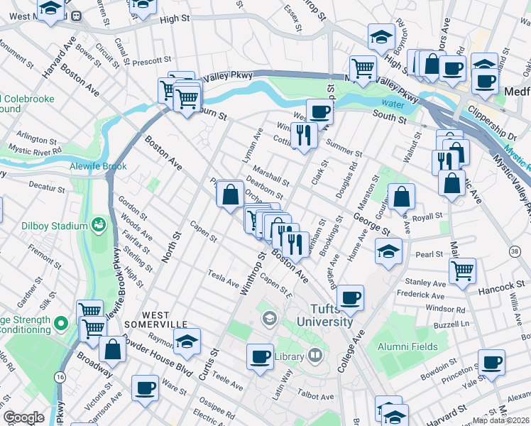 map of restaurants, bars, coffee shops, grocery stores, and more near 308 Boston Avenue in Medford