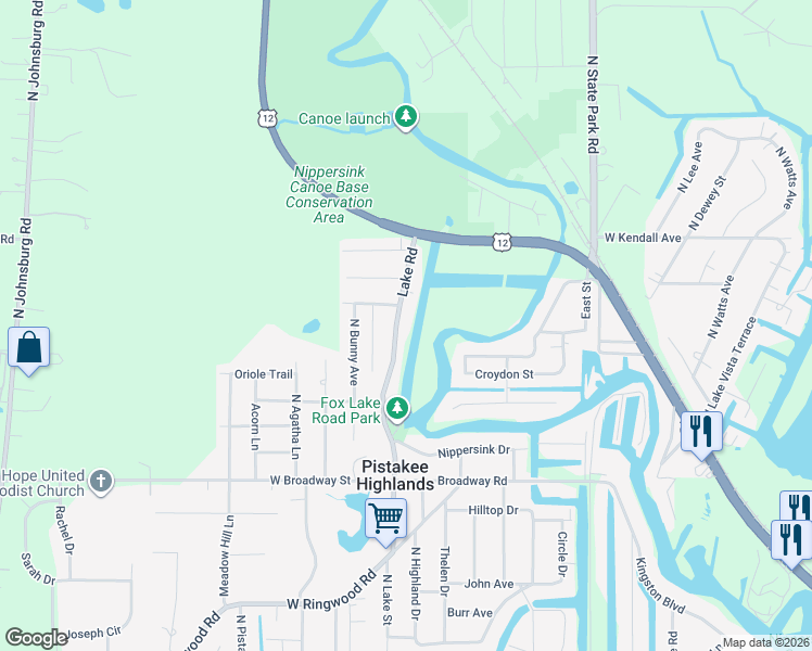 map of restaurants, bars, coffee shops, grocery stores, and more near 5902 Fox Lake Road in McHenry