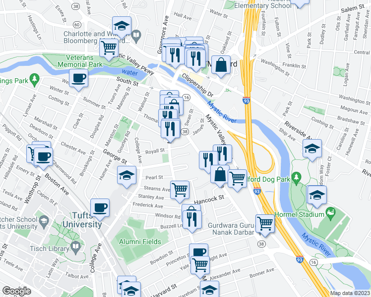 map of restaurants, bars, coffee shops, grocery stores, and more near 35 Columbia Road in Medford