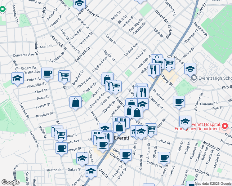 map of restaurants, bars, coffee shops, grocery stores, and more near 67 Dean Street in Everett