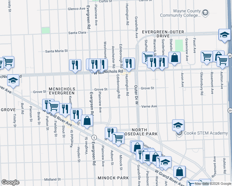 map of restaurants, bars, coffee shops, grocery stores, and more near 16746 Westmoreland Road in Detroit