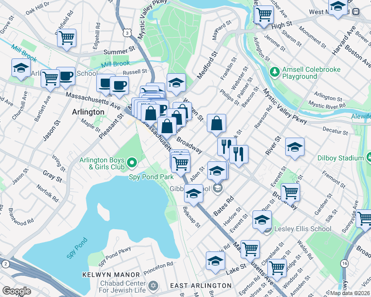 map of restaurants, bars, coffee shops, grocery stores, and more near 14 Palmer Street in Arlington