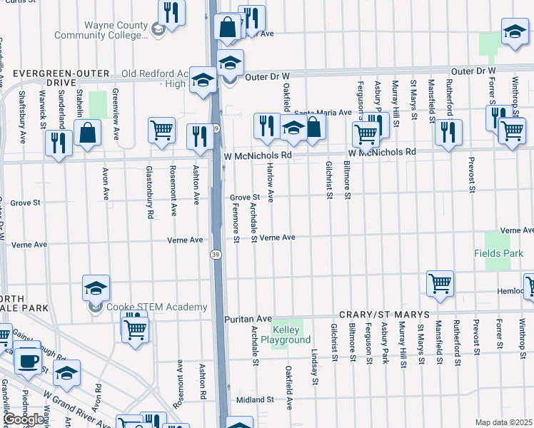 map of restaurants, bars, coffee shops, grocery stores, and more near 16745 Harlow Avenue in Detroit