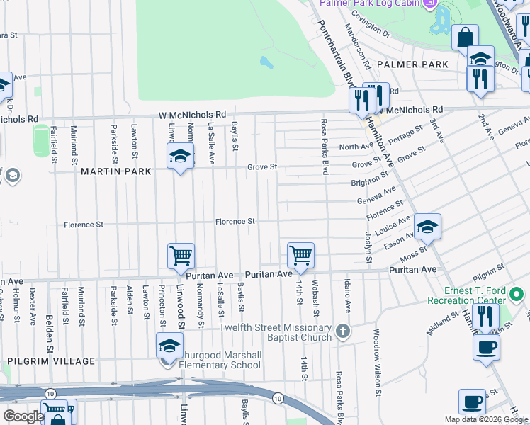 map of restaurants, bars, coffee shops, grocery stores, and more near 16256 Inverness Street in Detroit