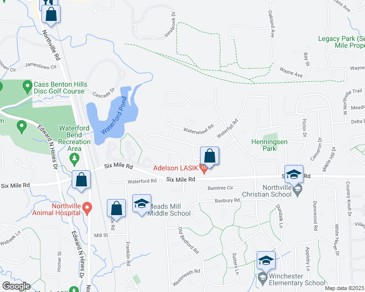 map of restaurants, bars, coffee shops, grocery stores, and more near 42309 Waterfall Road in Northville