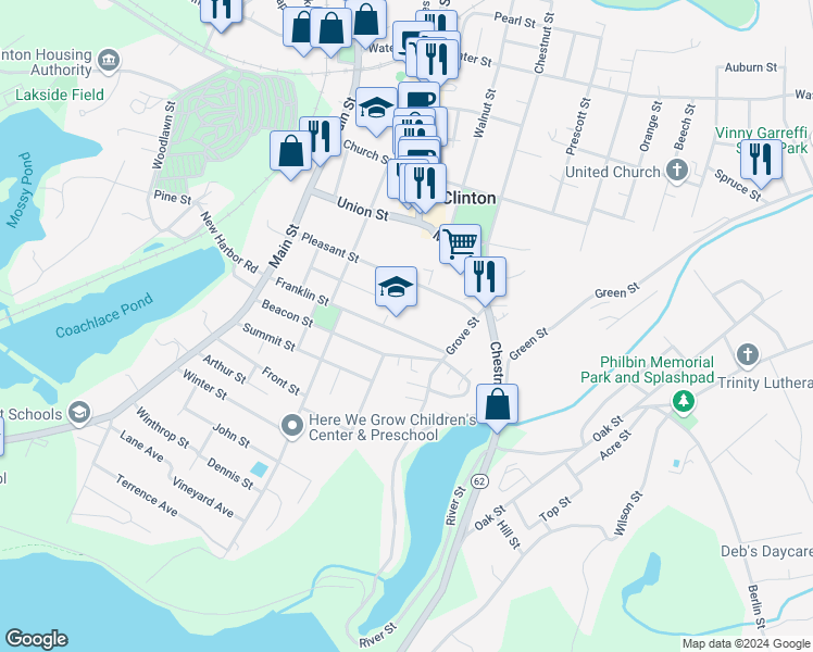 map of restaurants, bars, coffee shops, grocery stores, and more near 132 Franklin Street in Clinton
