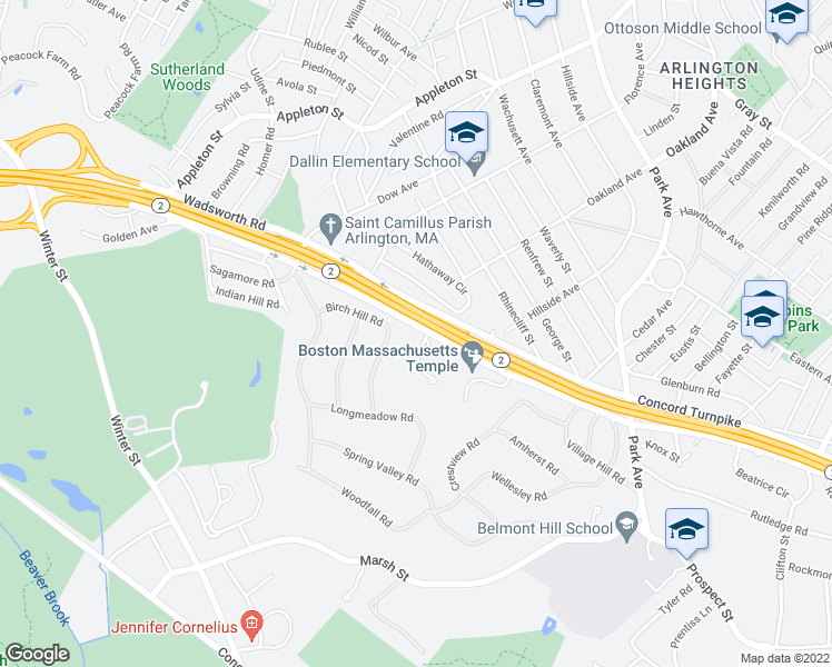 map of restaurants, bars, coffee shops, grocery stores, and more near 1 Ledgewood Place in Belmont