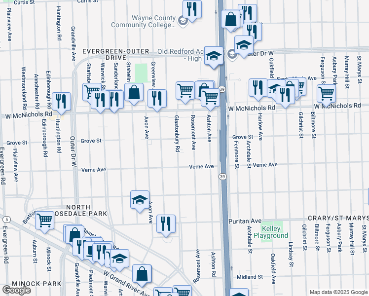 map of restaurants, bars, coffee shops, grocery stores, and more near 16723 Rosemont Avenue in Detroit