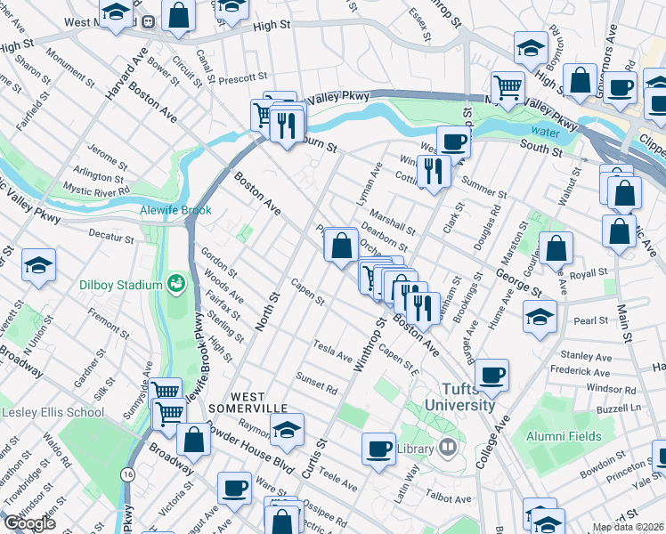 map of restaurants, bars, coffee shops, grocery stores, and more near 24 Hillsdale Road in Medford