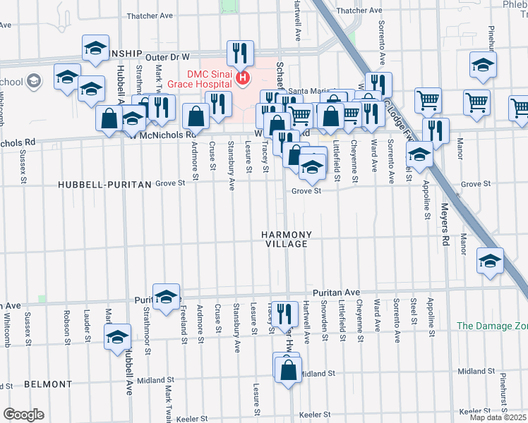 map of restaurants, bars, coffee shops, grocery stores, and more near 16589 Tracey Street in Detroit
