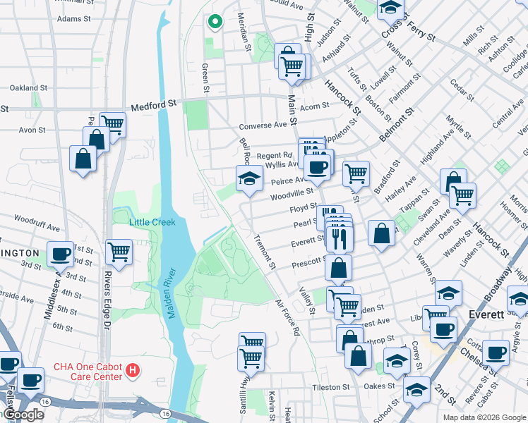 map of restaurants, bars, coffee shops, grocery stores, and more near 79 Pearl Street in Everett
