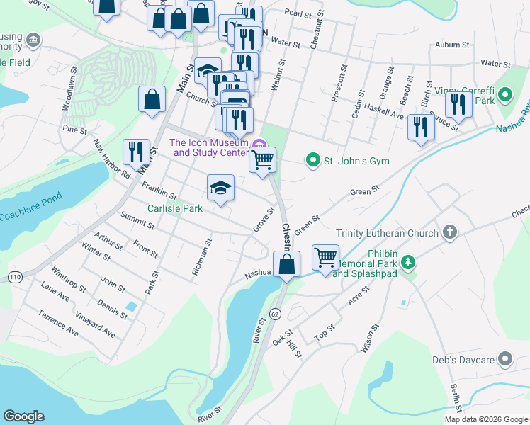 map of restaurants, bars, coffee shops, grocery stores, and more near 50 Grove Street in Clinton