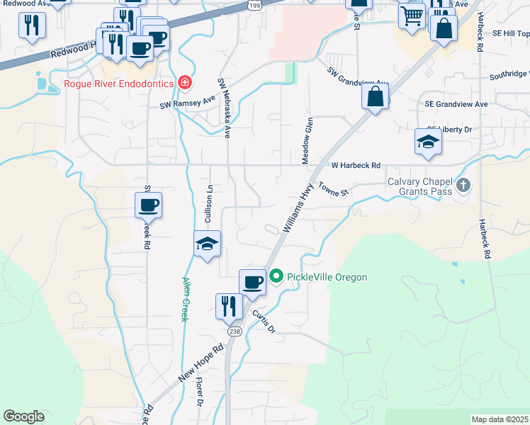 map of restaurants, bars, coffee shops, grocery stores, and more near 830 Southwest Bryn Court in Grants Pass
