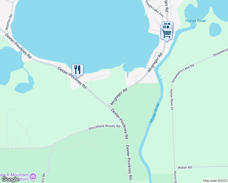 map of restaurants, bars, coffee shops, grocery stores, and more near 8693 Mcgregor Road in Pinckney