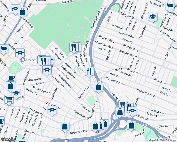 map of restaurants, bars, coffee shops, grocery stores, and more near 487 Prospect Avenue in Revere