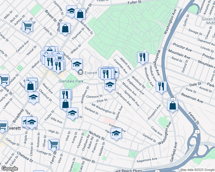 map of restaurants, bars, coffee shops, grocery stores, and more near 30 Harvey Street in Everett