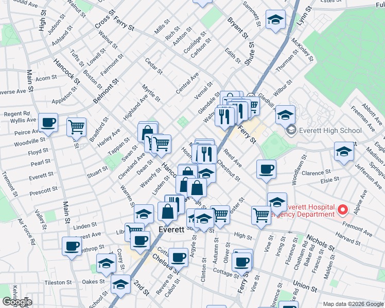 map of restaurants, bars, coffee shops, grocery stores, and more near 8 Sherman Street in Everett