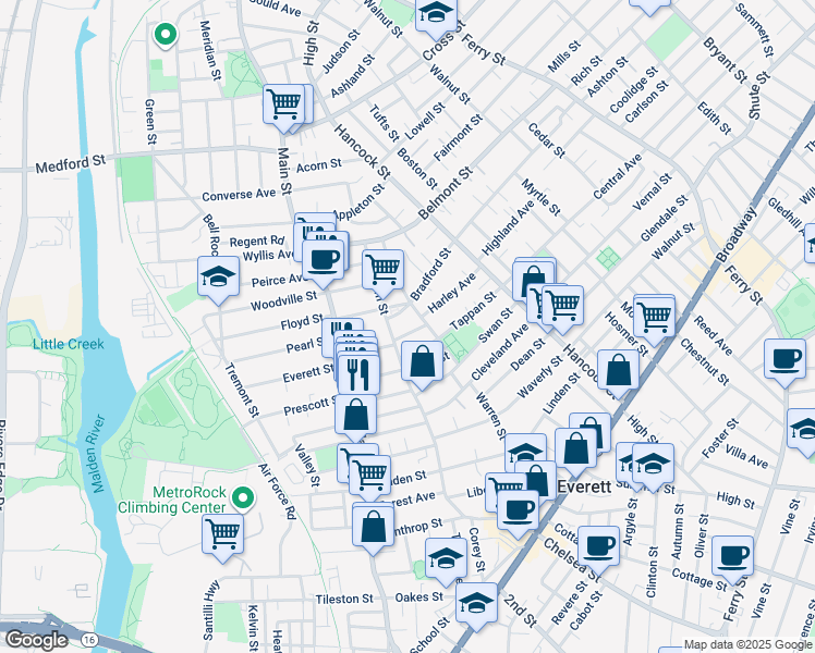 map of restaurants, bars, coffee shops, grocery stores, and more near 129 Bucknam Street in Everett