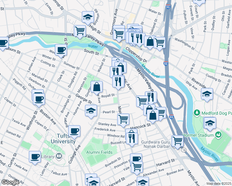 map of restaurants, bars, coffee shops, grocery stores, and more near in Medford