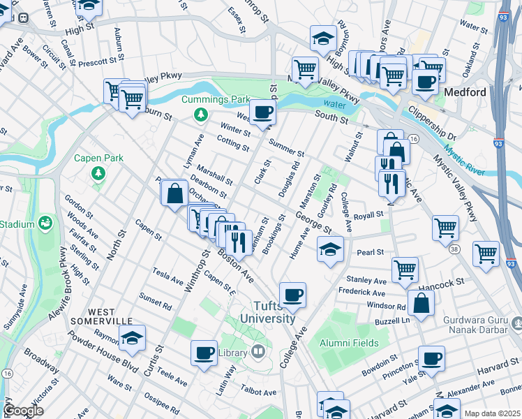 map of restaurants, bars, coffee shops, grocery stores, and more near 77 Brookings Street in Medford