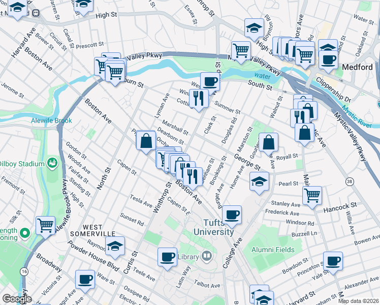 map of restaurants, bars, coffee shops, grocery stores, and more near 2 Charnwood Road in Medford