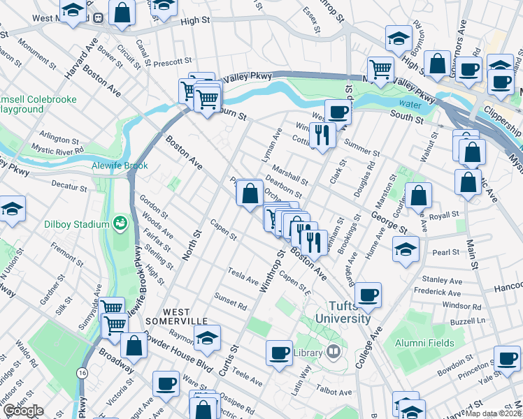 map of restaurants, bars, coffee shops, grocery stores, and more near 24 Hillsdale Road in Medford