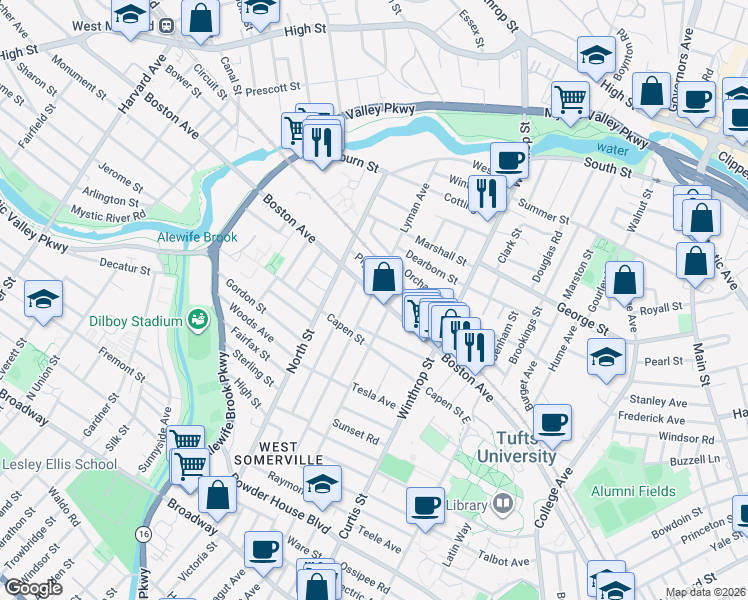 map of restaurants, bars, coffee shops, grocery stores, and more near 24 Hillsdale Road in Medford
