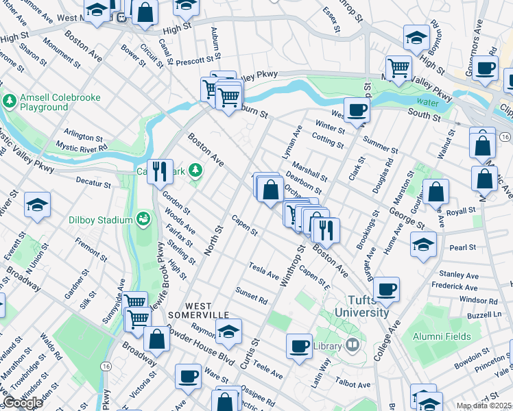 map of restaurants, bars, coffee shops, grocery stores, and more near in Medford