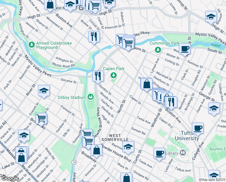 map of restaurants, bars, coffee shops, grocery stores, and more near 29 Gordon Street in Somerville