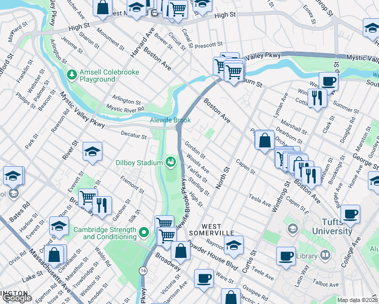 map of restaurants, bars, coffee shops, grocery stores, and more near 70 Woods Avenue in Somerville