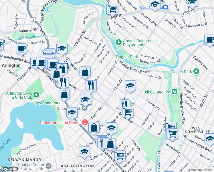 map of restaurants, bars, coffee shops, grocery stores, and more near 11 Amherst Street in Arlington