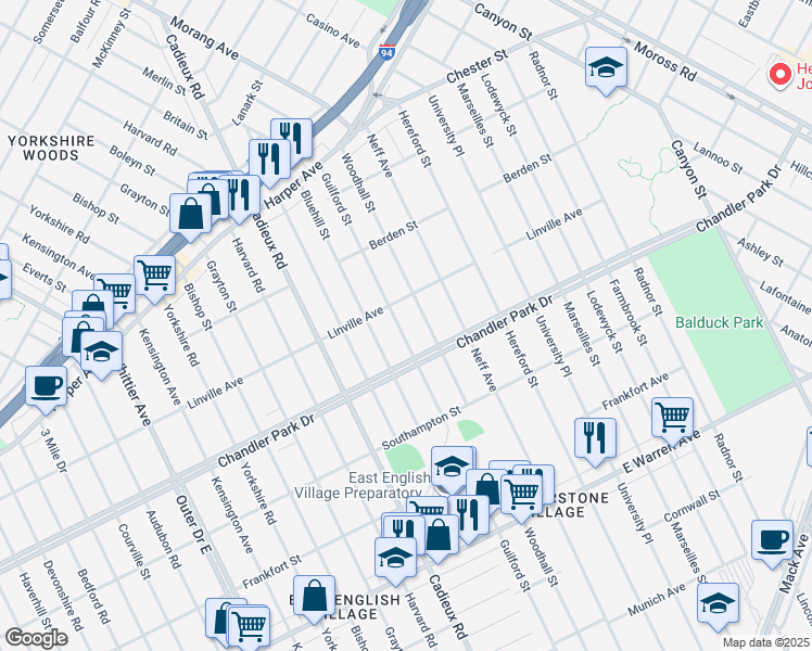 map of restaurants, bars, coffee shops, grocery stores, and more near 5722 Guilford Street in Detroit