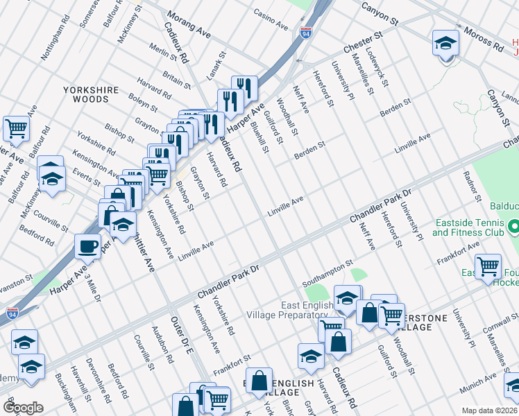 map of restaurants, bars, coffee shops, grocery stores, and more near 5876 Harvard Road in Detroit
